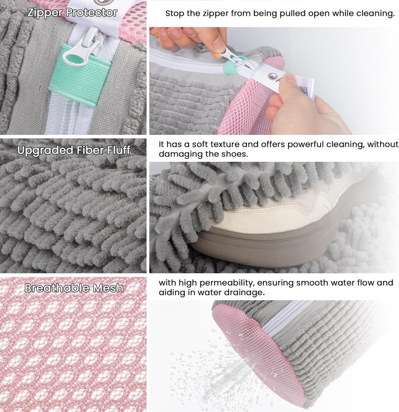 ADEHMDA 2Pcs Shoe Washing Machine Bag, Sneaker Laundry Bag for Washing Machine, Extra Long and Thick Microfibre Fluff, Reusable for Washer and Dryer (2pcs, Greyish Pink) - Image 2